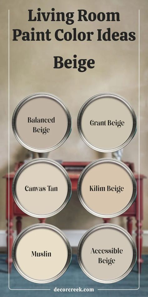 The image presents six beige paint colors for living rooms under the title "Living Room Paint Color Ideas Beige." Each color is shown as a circular sample, set against a warm beige wall background with a red console table and blue rug in the foreground. The featured colors are Balanced Beige, Grant Beige, Canvas Tan, Kilim Beige, Muslin, Accessible Beige. Light Beige Walls Living Room, Accessible Beige Sherwin Williams Walls, Warm Neutral Paint Colors Living Room, Cream Beige Living Room, Accesible Beige Coordinating Colors, Beige And Orange Living Room, Beige Color Palette Living Room, Sherwin Williams Canvas Tan, Beige Living Room Paint