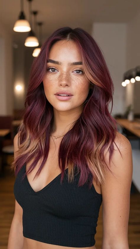 22 Winter Hair Color Ideas 2024-2025: Brunettes, Blondes, Short Hair & Dark Hair Trends Auburn Hair With Green Eyes, Burgundy Hair With Money Piece, Dark Hair Trends, 2024 Hair Color Trends, Short Hair Dark, Winter Hair Color Ideas, Hair Dark, Hair Color For Women, Burgundy Hair