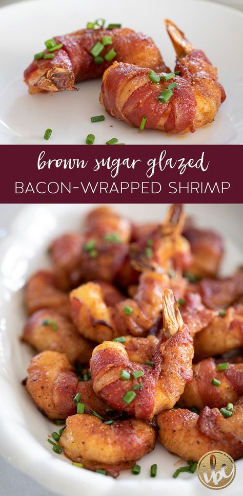 Brown Sugar Glazed Bacon-Wrapped Shrimp #bacon #shrimp #appetizer #recipe #holiday #christmas #glazedshrimp #baconwrapped Bacon Wrapped Shrimp Appetizers, Bacon Shrimp, Thanksgiving Apps, Shrimp Appetizer, Wrapped Shrimp, Football Appetizers, Prawn Dishes, Bacon Wrapped Shrimp, Brown Sugar Bacon