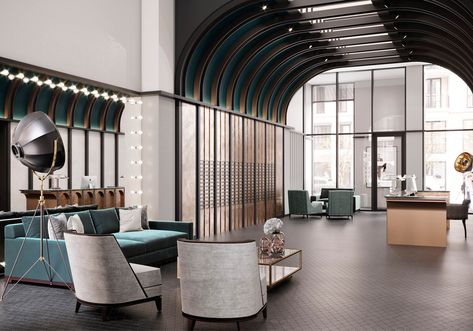 ▷Lobbies in Art Deco style for a new development | O&A - London Design Studio Art Deco Office Interior, Art Deco Hotel Interior, Art Deco Office Design, Art Deco Hotel Lobby, Bank Interior Design, Art Deco Office, New Art Deco, Meeting Room Design, Art Deco Hotel