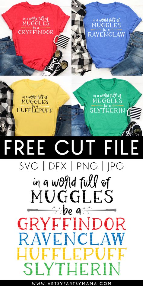 Harry Potter Hogwarts House Shirts + Free Cut Files | artsy-fartsy mama Harry Potter Vinyl Shirt, Harry Potter World Shirt Ideas, Harry Potter Disney Shirts, Hogwarts Shirts For Universal, Harry Potter Vacation Shirts, Universal Harry Potter Shirts, Universal Studios Svg Files Free, Harry Potter Cricut Shirts, Harry Potter Tshirt Ideas Design