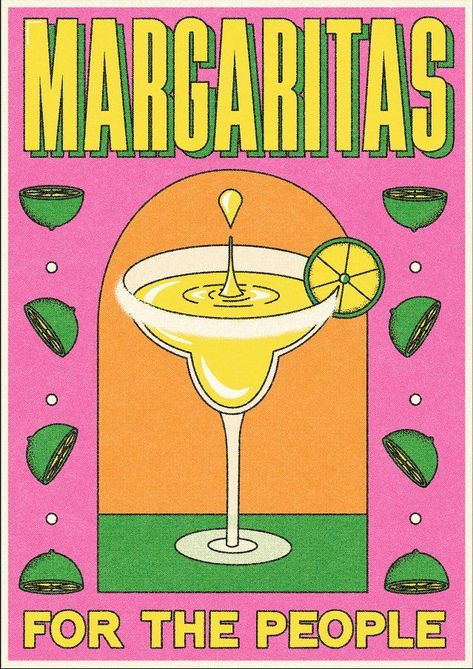 Margarita Graphic Design, Cocktail Illustration Graphic Design, Margarita Illustration, Margarita Graphic, Mexican Graphic Design, Drink Ads, Mexican Restaurant Design, Wall Drawing, Scratch Card