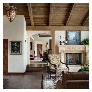 Spanish Home in Rancho Santa Fe - Mediterranean - Living Room - San Diego - by H O M E + atelier Michael Ranson | Houzz Santa Fe Living Room, Mediterranean Fireplace, Santa Fe Interior Design, Lantern Decor Living, Spanish Style Living Room, Lantern Living Room, San Tan Valley Arizona, Italian Style Home, Living Room Ideas With Fireplace