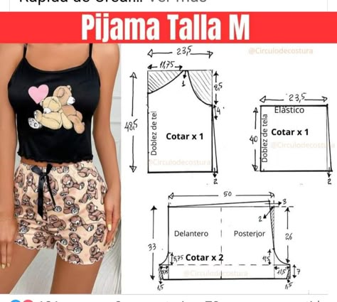 Pijama Pattern, Pajamas Shorts Pattern, Sewing Top, Sewing Measurements, Printable Sewing Patterns, Sewing Clothes Women, Upcycle Sewing, Mode Abaya, Printed Casual Dresses