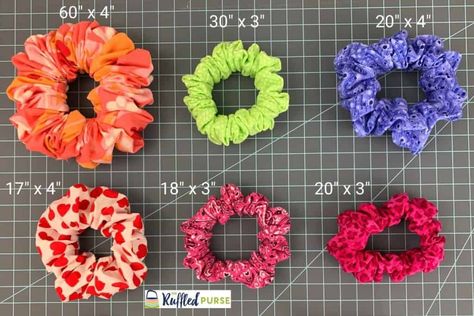 Cotton Scrunchies Diy, Mini Scrunchie Pattern, Store Blankets In Closet, Diy Sewing Scrunchies, Scrunchies Sizes Chart, Small Scrunchies Diy, Scrunchies Measurements Chart, Extra Large Scrunchie Pattern, Ribbon Scrunchies Diy