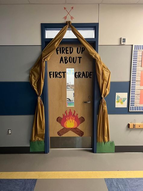 Campfire Theme Party Decorations, Camping Display Ideas, Classroom Door Camping Theme, Camping Theme School Hallway, Wilderness Theme Classroom, Camping Hallway Theme, Camping Bible School Theme, Camping Window Display, Cabin Classroom Theme