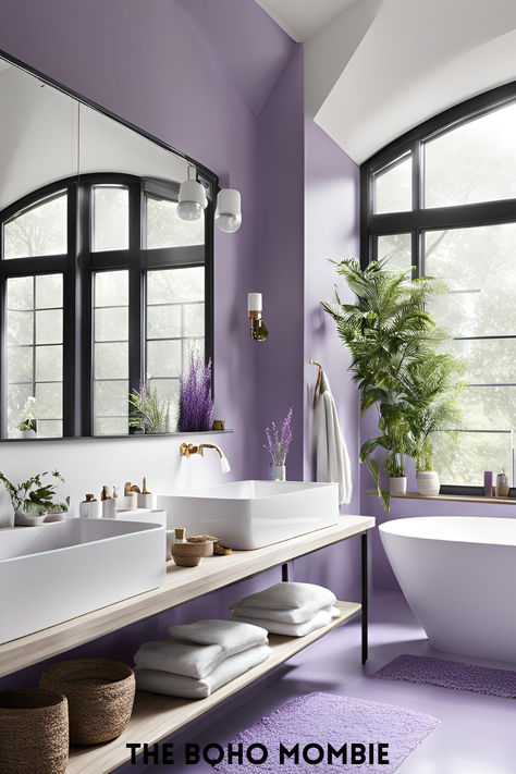 Gorgeous Lavender Bathroom, with lots of natural light, purple accent wall and modern decor! Purple Boho Bathroom, Light Purple Accent Wall, Amethyst Bathroom, Light Purple Bathroom, Purple Bathroom Ideas, Bathroom Lavender, Lilac Bathroom, Purple Accent Wall, Lavender Bathroom