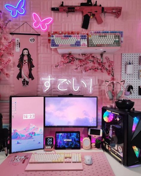 Egirl Desk Setup, Cute Small Computer Desk, Pink Aesthetic Desk Setup, Desk Setup Kawaii, Gaming Bedroom Aesthetic, Anime Office Decor, Stream Room Ideas, Gamer Desk Ideas, Anime Gaming Setup