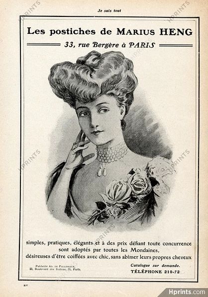 Marius Heng (Hairstyle) 1905 Wig — Advertisements Edwardian Pompadour, Hairstyles 1900, 1900s Hairstyles, Hairstyles Vintage, Edwardian Hairstyles, Historical Hats, Custom Wigs, Photography Gallery, Pompadour