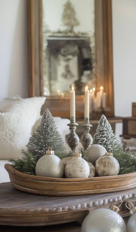 French Country Christmas Table Settings, Christmas French Country Decor, Holiday Decor Coffee Table, Country Chic Christmas Decor, Christmas Tray Decor Ideas Rectangle, Christmas Table Centerpieces Round, Christmas Living Room Table Decor, Holiday Table Scape, Console Table Decorating Christmas