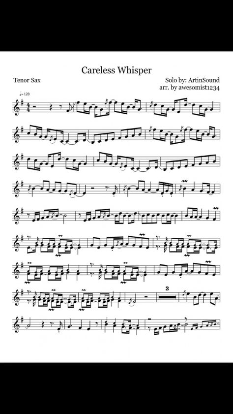 Tenor Sax Video, Careless Whisper Tenor Sax Sheet Music, Tenor Saxophone Music, Careless Whisper Alto Sax Sheet Music, Saxophone Songs, Tenor Sax Sheet Music, Saxophone Notes, Alto Saxophone Music, Saxophone Fingering Chart