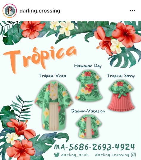 Animal Crossing Hawaiian Design, Tropicore Acnh, Acnh Tropicore, Tropical Outfits, Jungle Resort, Animals Crossing, Tropical Outfit, Hawaiian Designs, Island Theme