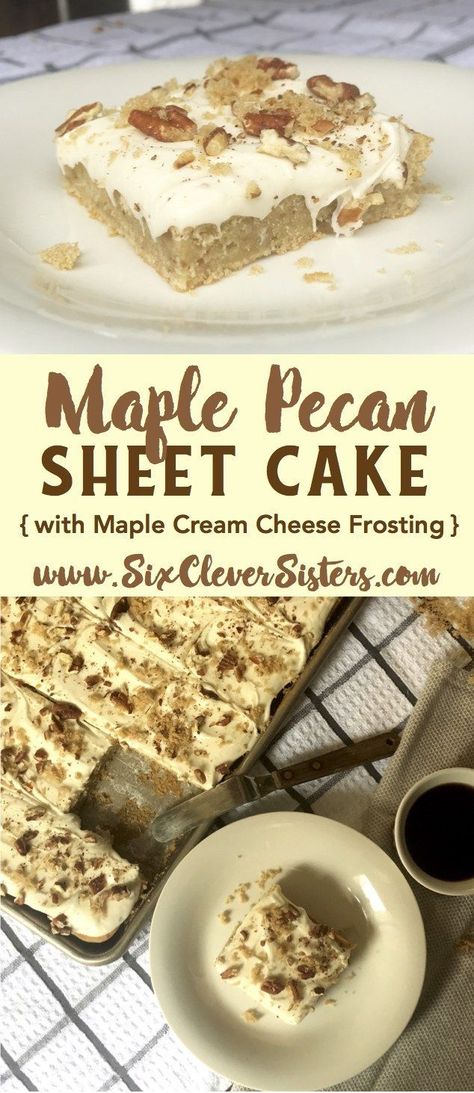 Love the fall season and everything that goes with it, including all the good recipes?! This easy dessert recipe for this amazing maple pecan sheet cake is one you're going to want to add to your holiday menu! #autumn #falldessert #recipeoftheday #maple #pecan #recipe #recipeideas #dessertfoodrecipes #sixcleversisters Pecan Sheet Cake, Fall Desserts Thanksgiving, Desserts Fall, Crowd Desserts, Cake Fall, Maple Cake, Desserts Thanksgiving, Recipes For A Crowd, Dessert Halloween