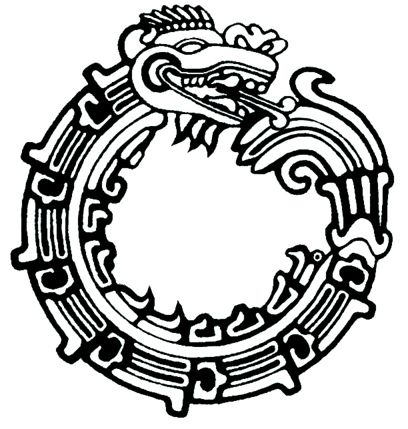 Aztec Ouroboros Quetzalcoatl Seven-segmented Aztec Ouroboros - The serpent god Quetzalcoatl is sometimes portrayed biting his tail on Aztec and Toltec ruins. A looping Quetzalcoatl is carved into the base of the Pyramid of the Feathered Serpent, at Xochicalco Casper Tattoo, Aztec Drawing, Mayan Tattoos, Aztec Symbols, Aztec Tattoos, Aztec Civilization, Feathered Serpent, Mayan Symbols, Aztec Tattoo Designs