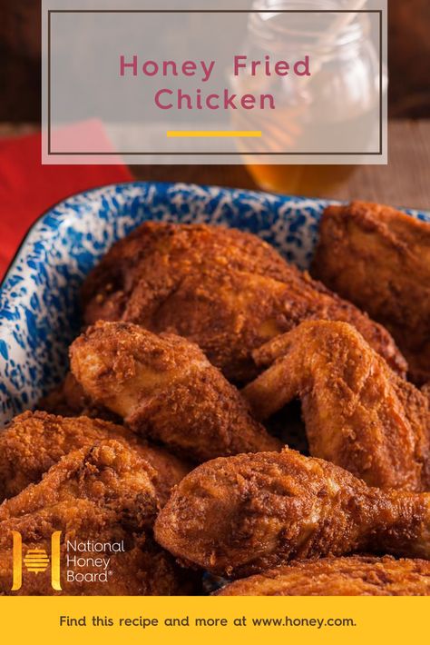 Who's in need of a little #comfortfood? We've got you covered with our Honey Fried Chicken! Not only does #honey ensure balanced flavor, it also keeps the chicken moist and helps bind the baking mix, resulting in a dish that looks as good as it tastes. Honey Kettle Fried Chicken Recipe, Honey Dipped Fried Chicken, Honey Butter Fried Chicken Recipe, Honey Mustard Fried Chicken, Honey Fried Chicken Recipe, Recipes Using Honey, Cooking With Honey, Honey Mustard Chicken Thighs, Honey Fried Chicken