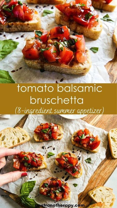 This tomato balsamic bruschetta is a delicious appetizer that consists of crunchy toast topped with juicy tomatoes, shallots, fresh basil, garlic, olive oil, salt, and a swoon-worthy balsamic glaze. It's a a quick & easy snack that uses just 8 simple ingredients and is ready in less than 30 minutes. It's a beautiful and colorful party appetizer that looks impressive despite its simplicity. Follow Gastronotherapy for more easy recipes! Bruschetta Recipe Balsamic, Tomato Balsamic, Balsamic Bruschetta, Tomato Bruschetta Recipe, Wine Appetizers, Italian Main Dishes, Italian Appetizer, Tomatoes On Toast, Bruschetta Toppings