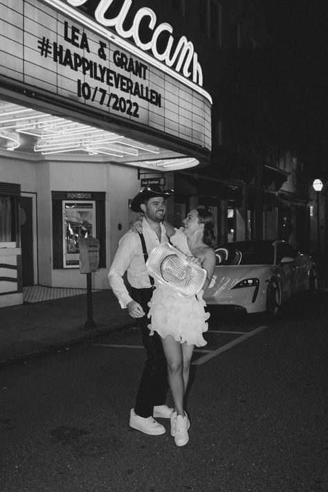 Bride and groom 3rd outfit change for the after party in downtown Charleston. Light up cowboy hats and matching Air Force Ones. Style Me Pretty featured wedding. Wedding Candids, Las Vegas Wedding Photos, Southern Charm Wedding, Downtown Charleston Sc, City Portrait, William Aiken House, Las Vegas Photography, Shoot Moodboard, Fancy Dinner Party