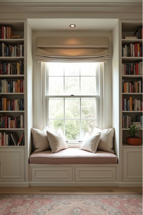 Window seat reading nook with built-in bookshelves and privacy curtain Bookshelves On Sides Of Window, Window Seat Single Window, Window Bench Library, Book Window Seat, Library With Window Seat, Bench With Bookshelves, Reading Bench Window, Built In Bookshelves Around Window, Window Book Nook