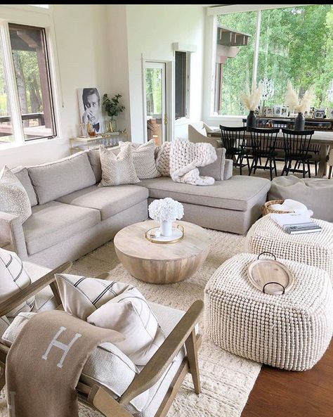 Pouf Ottoman Living Room, Living Room Pouf, Farmhouse Style Living Room, Bedroom Setup, Beautiful Farm, Neutral Living Room, Living Room Design Decor, Ottoman In Living Room, Modern Farmhouse Kitchens