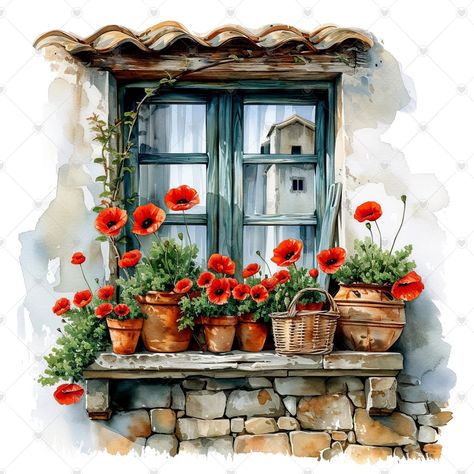 Poppies Clipart, Overgrown Flowers, Window Watercolor, Cottage Windows, Journaling Scrapbook, Scrapbook Digital, Vintage Teddy Bears, 수채화 그림, New Backgrounds