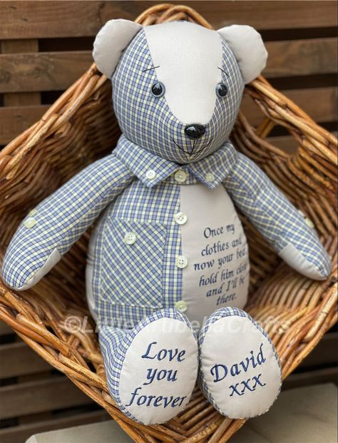 This handsome 18” Signature memory bear is a thoughtful gift from Wendy to her dear friend Pat in memory of Pats much loved and sadly missed husband David. Handmade with love from a shirt & chinos, complete with personalized embroidered verse and keepsake pockets 💙 #memorybears #keepsakebear #handmadewithlove #littleartibellacrafts #yorkshire Memory Bears From Shirts, Memory Animals From Clothes, Keepsake Teddy Bear, Teddy Bear Patterns Free, Diy Plush Toys, Memory Bears Pattern, Bear Patterns Free, Bargello Patterns, Teddy Bear Sewing Pattern