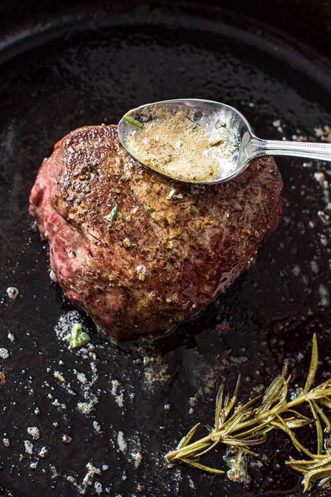 Pan seared filet mignon with garlic and herb butter is the only filet mignon recipe you will ever need. Never grill steak again—the fail-proof method to cooking the perfect filet mignon in a cast iron skillet. #steak #filetmignon #beef Red Wine Glaze, Pan Seared Filet, Seared Filet Mignon, Perfect Filet Mignon, Pan Seared Filet Mignon, Filet Mignon Recipe, Cast Iron Steak, Herb Butter Recipe, Filet Mignon Recipes