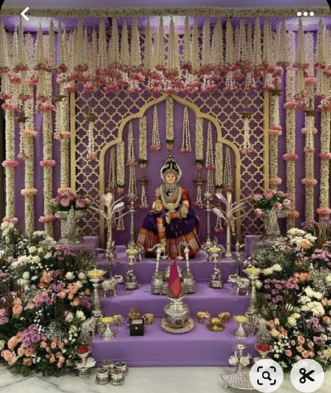 Pooja Stage Decoration Ideas, Varamahalakshmi Festival Decoration, Decoration Ideas For Varalakshmi Pooja, Backdrop For Pooja At Home, Backdrop Ideas For Pooja, Lakshmi Pooja Decoration Ideas At Home, Puja Backdrop Decor, Varamahalakshmi Decoration Ideas At Home, Pooja Backdrops