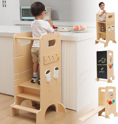 Learning Tower, JUZBOT 4 in 1 Toddler Tower Kitchen Stool Helper Wooden Height Adjustable Standing Tower for Kitchen Counter with Slide, High Chair, Chalkboard Montessori Activities Toddler Kitchen Stool, Toddler Tower, Toddler Kitchen, Kitchen Step Stool, Kitchen Safety, Kitchen Stool, Learning Tower, Wood Room, Wooden Ladder