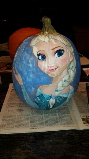 Elsa Pumpkin Decorating, Elsa Pumpkin Painting, Elsa And Anna Pumpkin Painting, Frozen Pumpkin Painting, Elsa Painted Pumpkin, Cinderella Coach Pumpkin, Elsa Pumpkin, Book Pumpkins, Storybook Pumpkin