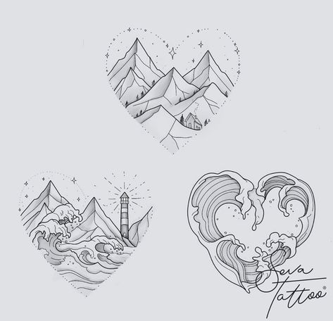 Heart And Mountain Tattoo, Mountain Night Sky Tattoo, Mountains Ocean Tattoo, Mountain Heart Tattoo, Matching Acotar Tattoos, Ocean And Mountain Tattoo, Mountain Ocean Tattoo, Biblical Tattoos, Basic Tattoos