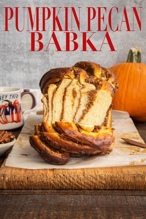 The interior of a Pumpkin Pecan Babka. Red text overlay above the loaf reads the title of the recipe. Pumpkin Babka, Pecan Babka, Babka Recipe, Pecan Recipes, Crunchy Pecans, Pumpkin Pecan, Simply Recipes, Pumpkin Dessert, Fall Baking