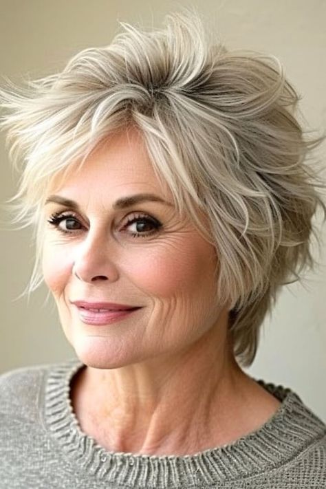 Textured layered pixie wash and wear hairstyle for women over 60. Wash And Wear Hairstyles, Senior Hairstyles, Wash And Wear Haircuts, Layered Pixie Cut, Haircuts 2024, Hair Tricks, Shaggy Short Hair, Easy Hair Cuts, Hairstyles For Women Over 60