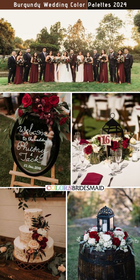 8 Selected Burgundy Wedding Color Combos for 2024 - ColorsBridesmaid Black Green Burgundy Wedding, Black And Burgundy Wedding Party, Maroon Wedding Color Schemes, Black And Burgundy Wedding Dress, Black White And Maroon Wedding, Burgundy Black And White Wedding, Burgundy Black And Gold Wedding, Wine Red Wedding Theme, Dark Red Wedding Theme