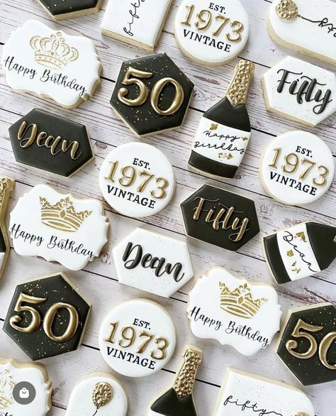 Gatsby Cookies, White Treats, 50th Anniversary Cookies, Hexagon Arch, Guys 21st Birthday, Elegant Cake Design, Anniversary Cookies, Happy Birthday Cookie, Moms 50th Birthday