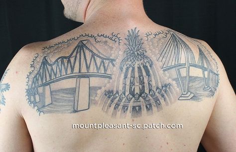 This Charleston tattoo celebrates the city's love for its bridges. South Carolina Tattoo Ideas, Charleston Tattoo, South Carolina Tattoo, Sc Tattoo, Carolina Tattoo, Watercolor Tattoo Artists, Tattoos With Deep Meaning, Tattoos Cute, Aesthetic Tattoos For Men