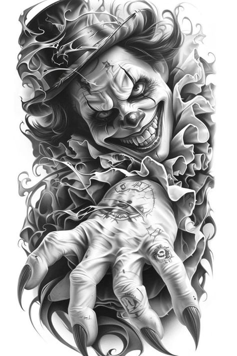 Evil Clown Tattoos, Memorial Tattoo Ideas, Female Warrior Tattoo, Joker Tattoo Design, Cool Tattoo Drawings, Realistic Tattoo Sleeve, Clown Tattoo, Full Sleeve Tattoo Design, Chicano Tattoo