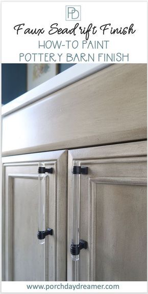 Love the Pottery Barn seadrift finish in the Sausalito collection? How to create the same finish with paint! Paint furniture or cabinets with a beautiful driftwood gray faux finish. Learn about layering glaze and dry brushing paint technique to create a weathered wood grain in a painted finish. #driftwood #weatheredwood #reclaimedwood #potterybarn #fauxpaintfinish #porchdaydreamer Pottery Barn Seadrift, Valspar Antiquing Glaze, Faux Pottery, Pottery Barn Vanity, Coastal Powder Room, Pottery Barn Paint, Faux Paint Finishes, Paint Pottery, Diy Outdoor Lighting