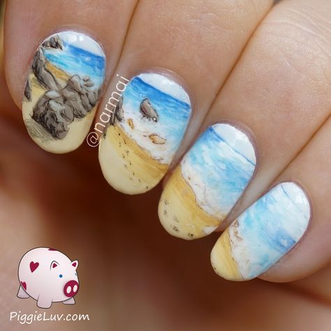 I painted an island beach for you to dream away <3 Maybe you don't have time to go on holiday, or it's not in the cards for different reasons. Feel free to enjoy my painting as if you were there! This is a guest post for Lucy's Stash and there's an exclusive video that you can only see on her blog! Beach Nail Art, Beach Nail Designs, Sea Nails, Acrylic Nail Art, Cute Nail Art, Beach Nails, Nail Art Summer, Island Beach, Nail Art Tutorial