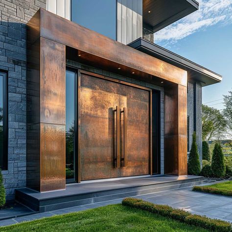 7+ Unique Copper Front Double Door Design Inspirations for a Warm Welcome • 333k+ Inspiring Lifestyle Ideas Front Double Door Design, Modern Double Doors Entrance, Double Front Door Ideas, Grand Entrance Door, Modern Double Door, Front Double Door, House Entrance Doors, Entrance Wood Door, Unique Front Doors