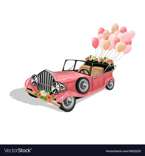 Flowers And Balloons, Wedding Retro, Car Vector, Retro Car, Car Illustration, Vector Template, Wedding Vector, Retro Cars, Cartoon Style