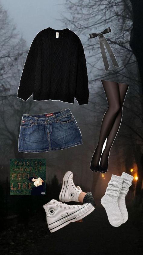 black sweater, jean skirt, and tights ⋆.˚ ᡣ𐭩 .𖥔˚ Skirt And Black Tights, Skirt With Tights Outfit, Jean Skirt Outfit, Skirt With Tights, Black Tights Outfit, Skirt And Tights, Nerd Outfits, White Tights, Tights Outfit