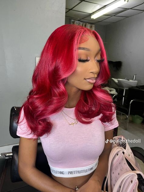 Red Hair And Pink Outfit, Valentines Day Wig Styles, Red And Pink Hair Black Women, Pink And Red Wig, Red And Pink Wig For Black Women, Bright Red And Pink Hair, Wig With Pink Skunk Stripe, Pink And Red Hair, Pink And Orange Lace Front Wig