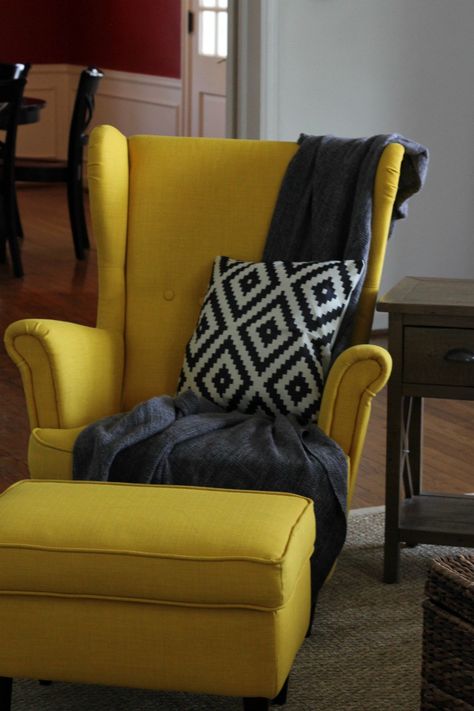 Yellow Ikea Chair! Armchair Inspiration, Ikea Armchair, Yellow Armchair, Office Waiting Room Chairs, Adirondack Chair Cushions, Small Family Room, Oversized Chair And Ottoman, Outdoor Lounge Chair Cushions, Outdoor Furniture Chairs