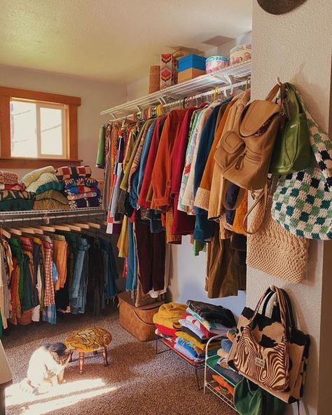 Caitlin B. ☻ on Instagram: "I’ve had a lot on my plate lately and have been feeling a little stressed and overwhelmed with juggling it all, so I thought today I would just share an easy lil carousel of a happy place in my home: the closet room 🥰 including some angles y’all hadn’t seen before! . . . . . . . . . . #dreamcloset #closetgoals #sustainababes #ethicalfashionblogger #ethicalootd #secondhandsecondchance #ladieswhothrift #givethriftingachance #closetorganization #closetdesign #thriftedcl My Plate, Vintage Closet, Closet Room, Closet Goals, Closet Design, Juggling, The Closet, Closet Organization, Happy Place