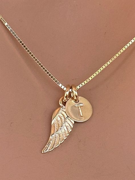 Excited to share this item from my #etsy shop: 14k solid gold Angle wing tiny initial - Personalized Angle wing - Real Gold Tiny gold disc Angle wing Pendent -Guardian Angle Wing Necklace Memorial Jewelry Ashes, Heart Pendent, Real Gold Chains, Initial Disc Necklace, South San Francisco, Gold Lotus, Ribbon Gift, Gold Sand, Gold Rope Chains