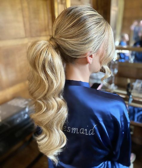 Side Part Ponytail Wedding, Formal Curled Ponytail, Hollywood Curl Ponytail, Glam Wave Ponytail, Curls In Ponytail, Hollywood Waves Ponytail Wedding, Glam Ponytail Hairstyles Wedding, Pageant Ponytail Hairstyles, Curled Ponytail Hairstyles Wedding