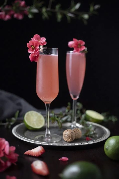 Pink 75 - A Sparkling Rosé Cocktail with Strawberries and Guava - Moody Mixologist Rose Cocktail Recipes, Guava Syrup, Rose Drink, Unique Cocktail Recipes, Valentine Cocktails, Strawberry Cocktails, Stella Rosa, Strawberry Guava, Pink Guava