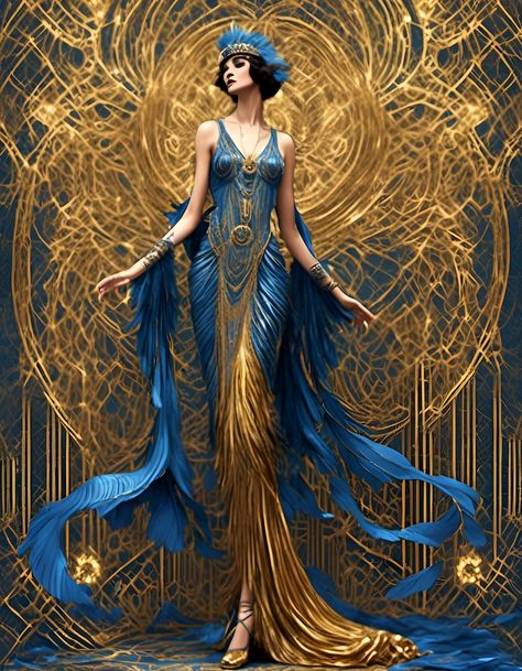 Blue and Gold Beautiful Art Deco Woman - Etsy Blue And Gold Gown, Art Deco Style Fashion, Art Deco Gown, Art Nuevo, Art Deco Portrait, Art Deco Women, Art Deco Pictures, Art Deco Artwork, Art Deco Wall Art