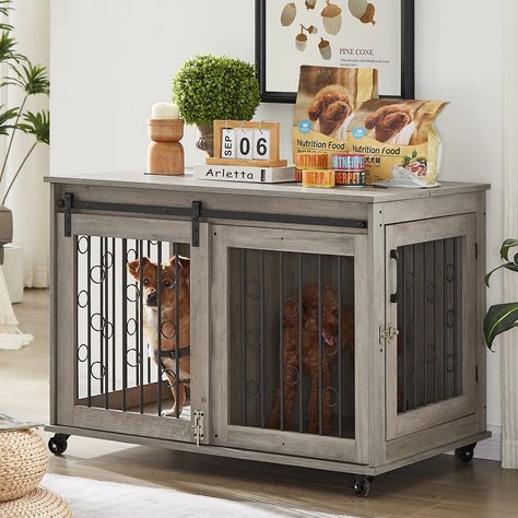 Dog Kennel End Table, Dog Crate End Table, Double Dog Crate, Furniture Style Dog Crate, Metal Fencing, Crate End Tables, Table With Wheels, Wooden Dog Kennels, Wooden Dog Crate