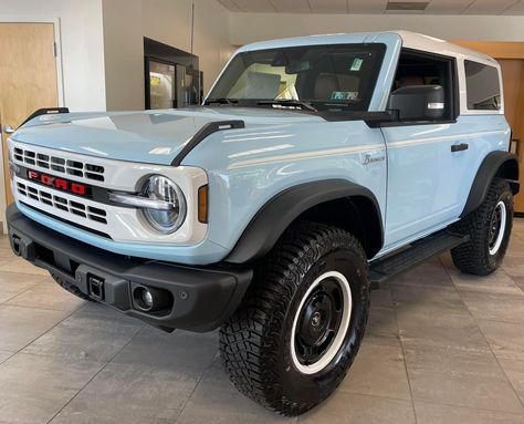 Ford Bronco Limited Heritage Edition Baby Blue Bronco, Light Blue Bronco, Ford Bronco 2, Bronco 2, Rustic Bathroom Designs, Brown Interior, Girly Car, Blue Interior, Rustic Bathroom